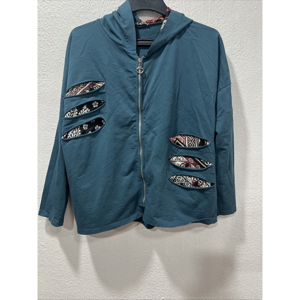 Made In Italy Women Blue Multipatch Full Zip Hooded Sweater XL Aztec Geometric